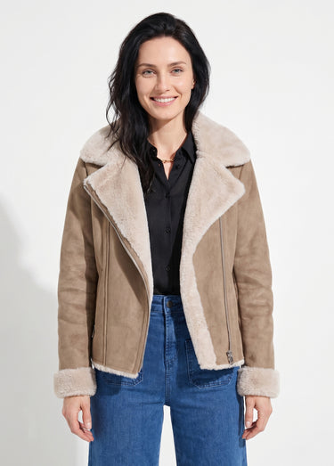 Blouson zippé façon peau lainée Taupe