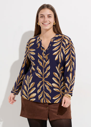 Tunique col V boutonné, motif feuilles Marine/Beige