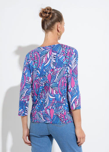T-shirt col rond imprimé patchwork Bleu/Rose