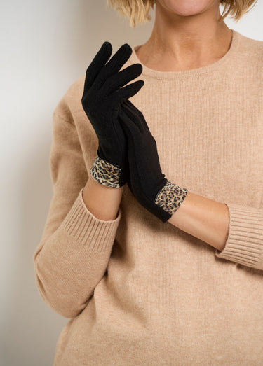Gants polaire chauds avec bord léopard Noir