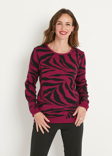Pull doux jacquard zèbre col rond Cassis/Noir