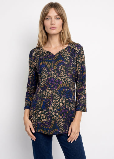 T-shirt long évasé manches 3/4 imprimé tachiste Violet/Beige