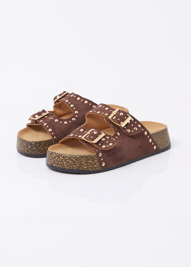Mules anatomiques suédine, détails clous Marron
