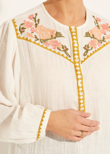 Tunique brodée ample gaze de coton boutonnée Blanc