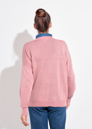 Pull col V maille fine jauge métallisée Vieux Rose