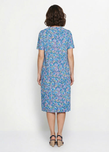 Robe-tablier mi-longue imprimée Fuchsia/Bleu