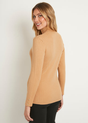 Pull doux côtelé court col roulé côtes plates Camel