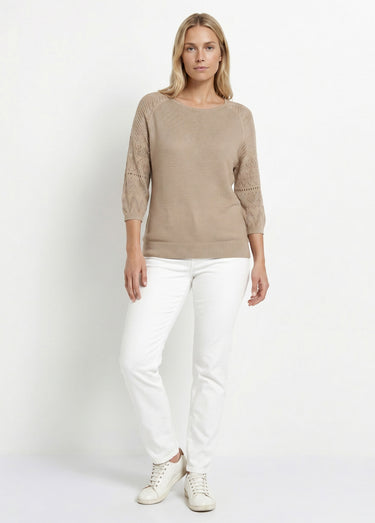 Pull léger manches 3/4 raglan col rond Beige