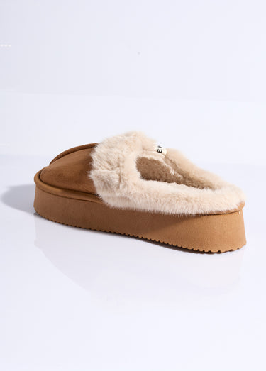 Mules compensées fourrées dessus suédine Camel