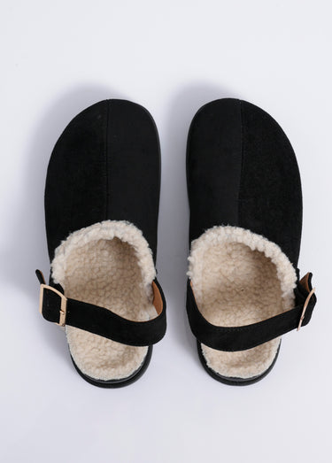 Mules fourrées en suédine, bride talon Noir
