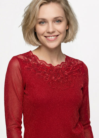 T-shirt manches 3/4 brodé brillant Rouge