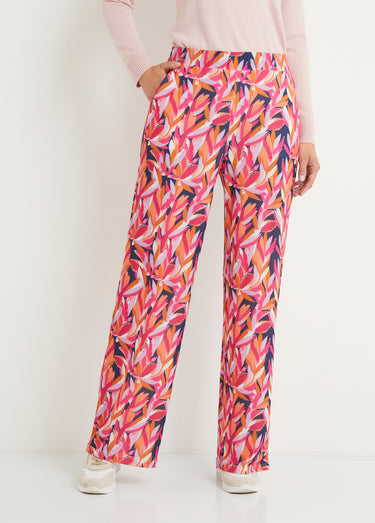 Pantalon large taille élastiquée feuillage Marine/Rose