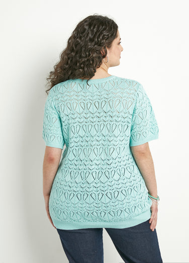 Pull fin ajouré coton manches courtes Vert d'eau