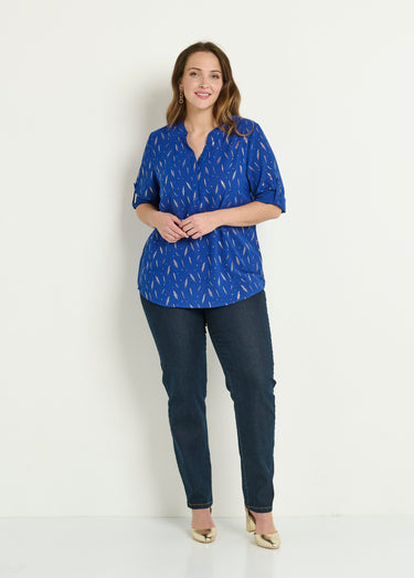 Tunique motifs col V boutonné manches 3/4 Bleu