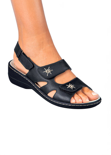Sandales cuir brodé grande largeur Noir