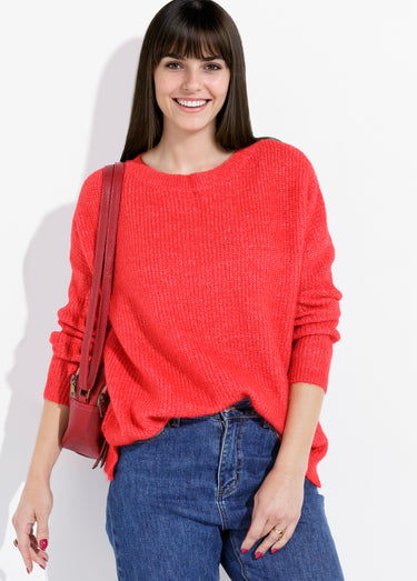 Pull maille mousseuse encolure bateau Rouge