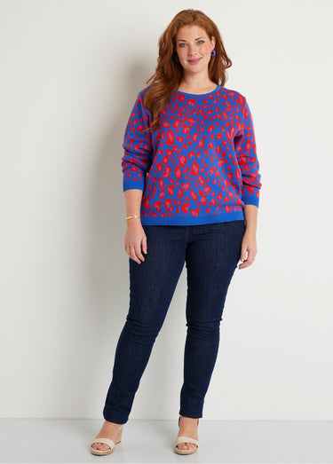 Pull motif léopard col rond Bleu