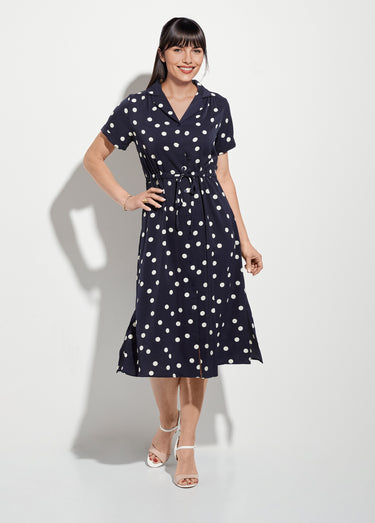 Robe chemisier à pois longue à ceinturer Marine Pois