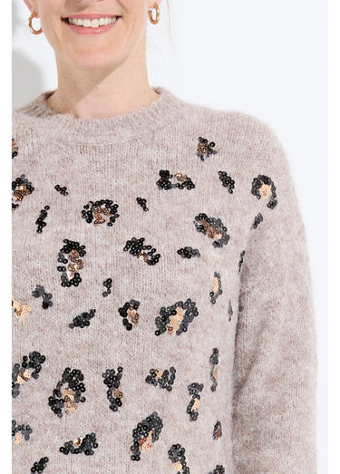 Robe pull col rond motifs animaliers en sequins Beige/Noir