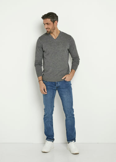 Pull jacquard col V chaud en laine mérinos Gris Chine
