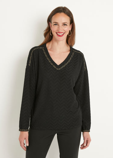 T-shirt long uni col V maille chaude Noir