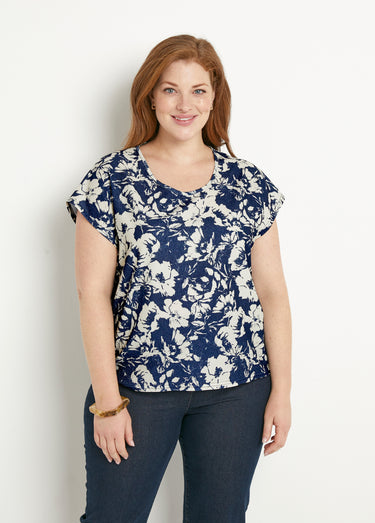 T-shirt manches courtes uni ou imprimé fleurs Marine/Beige
