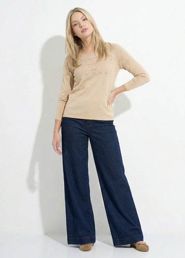 Pull fin ajouré manches longues raglan Beige