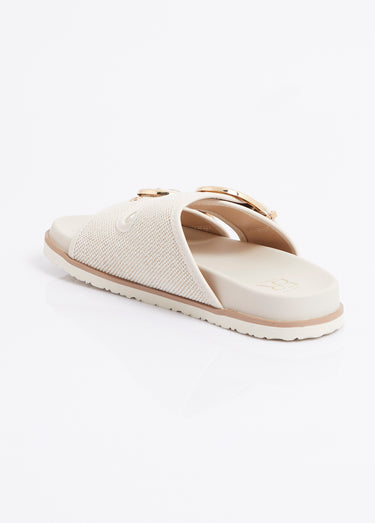 Mules chic tissu natté et boucles métal Beige
