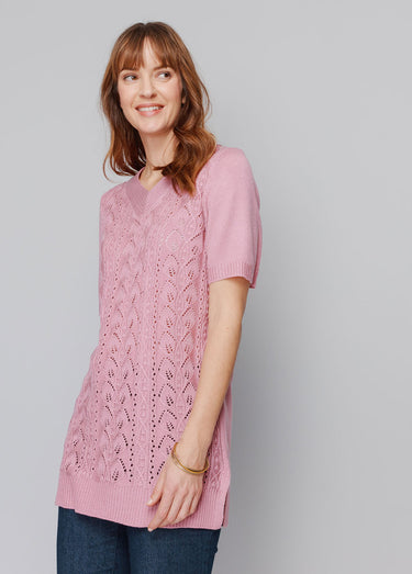 Pull-tunique long col V Rose