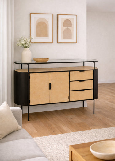 Buffet ovale chic métal, bois et verre Naturel