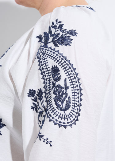 Blouse avec broderies et petit col V Blanc/Marine