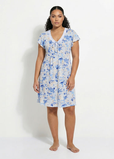 Chemise de nuit coton dentelle Imprime/Bleu