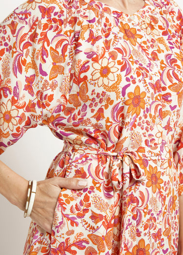 Robe longue boutonnée avec manches 3/4 Orange Imprime