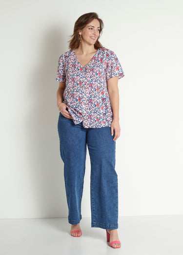 Chemisier fleuri col V manches courtes Bleu/Rose