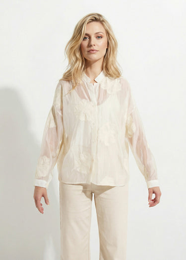 Chemisier en voile, broderies camelias Blanc