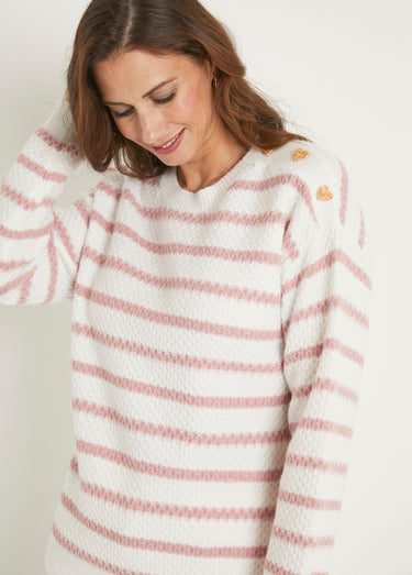 Pull doux rayé col rond maille fantaisie Ecru/Vieux Rose