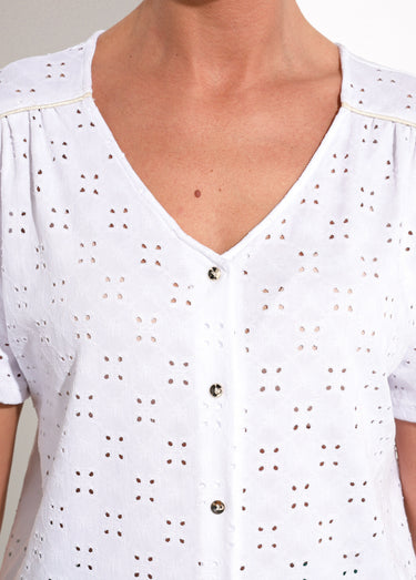 T-shirt col V effet broderie manches courtes Blanc