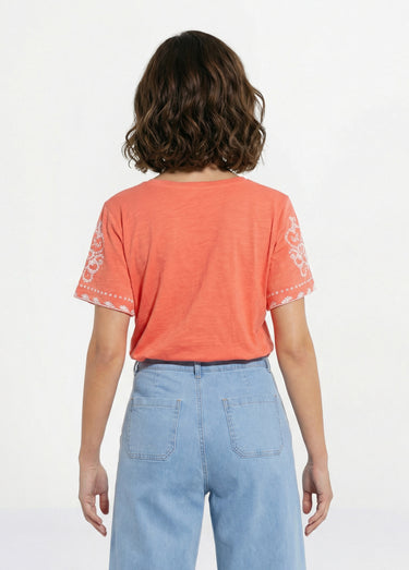 T-shirt col V brodé manches courtes Orange/Blanc