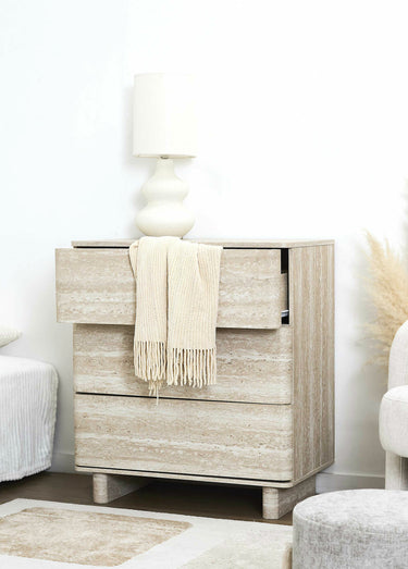 Commode 3 tiroirs effet pierre travertin Blanc/Beige