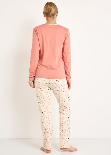 Pyjama pantalon manches longues coton Terracotta/Ecru