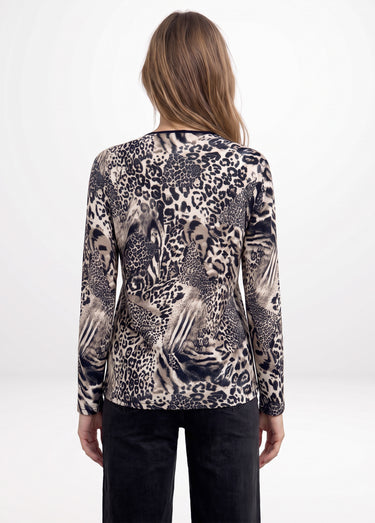 T-shirt col rond imprimé patchwork peau de bête Beige/Noir