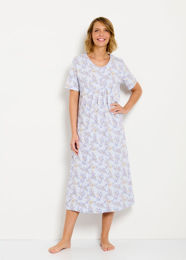 Chemise de nuit longue coton manches courtes Bleu