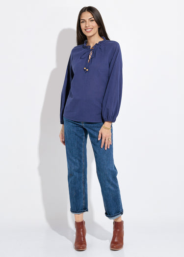 Blouse ample col V fantaisie lien à nouer Marine