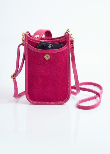 Pochette téléphone cuir  suédé véritable Fuchsia