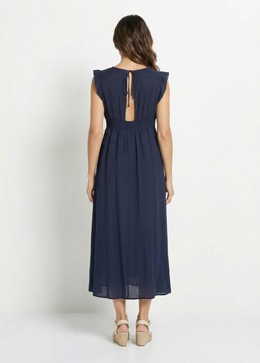 Robe longue encolure V + dos nu et liens Marine