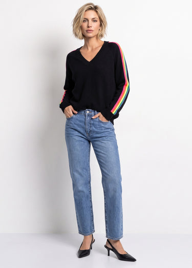 Pull col V manches lignes multicolores Noir