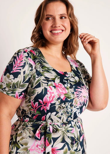 Robe boutonnée mi longue imprimée Marine/Fuchsia