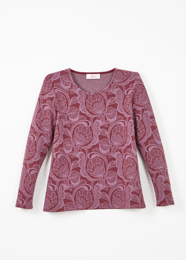 T-shirt jacquard fleuri col rond Bordeaux/Rose