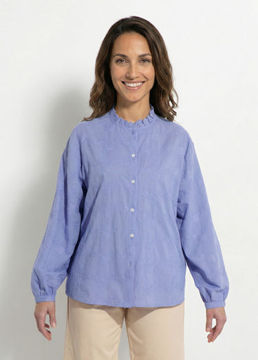 Chemisier boutonné coton brodé col volanté Bleu