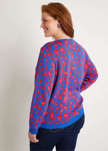 Pull motif léopard col rond Bleu
